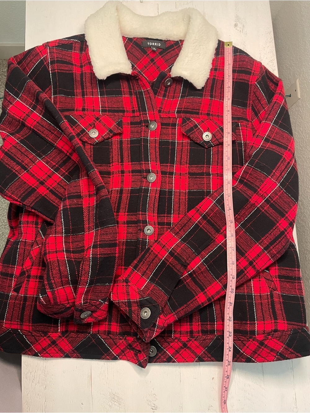 Torrid Red Black Plaid Sherpa Collar Jacket Size 2 Plus Size Trucker Shacket - Picture 9 of 10